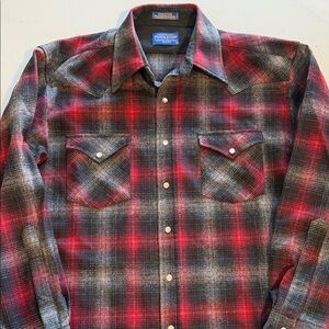 Pendleton Men's Red and Gray Plaid Button Down Shirt Large Pearl Snaps
